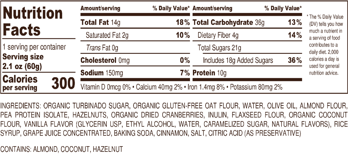 High Protein Vegan GF Cookie: Cranberry & Hazelnut - 2.1oz (4 Pack)