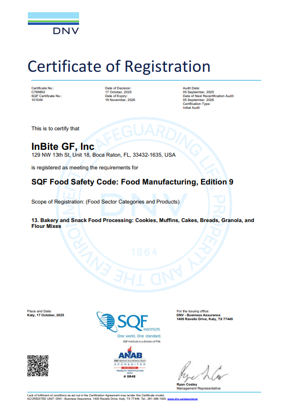 InBite GF Inc. Achieves SQF Certification with a 97/100 Audit Score