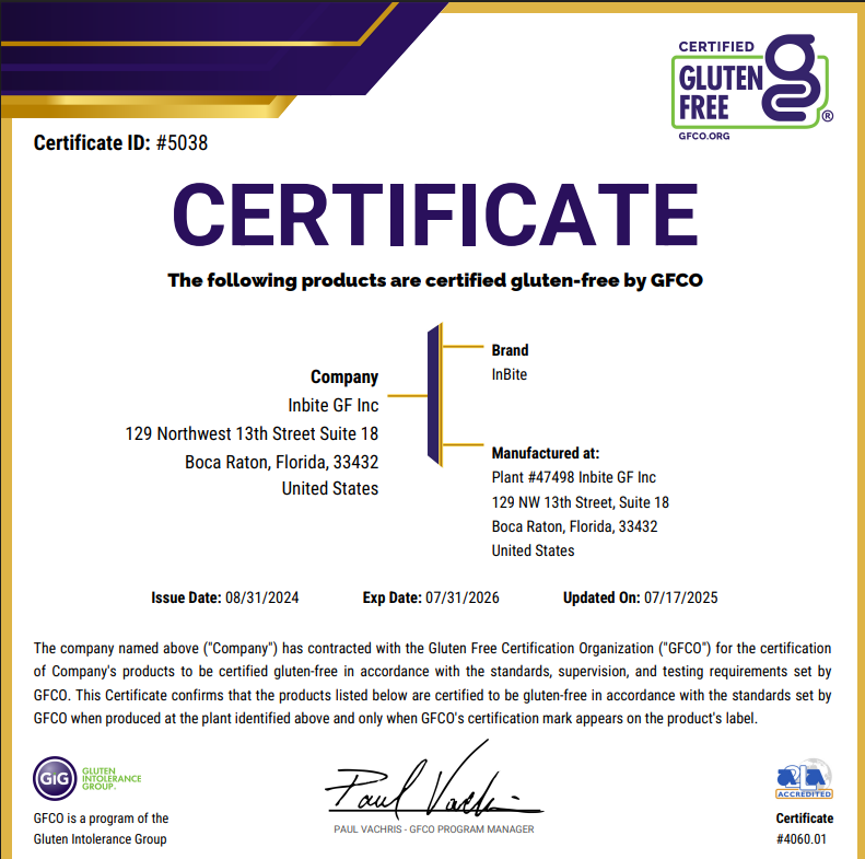 Reaffirming Our Commitment: InBite Renews GFCO Certification for All Gluten-Free Products
